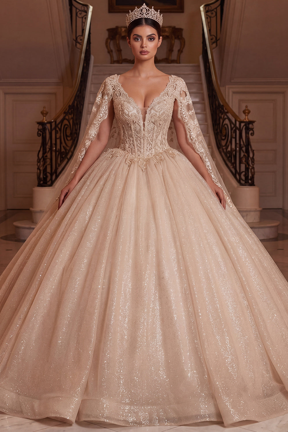 Champagne V-Neck Corset Ball Gown Quinceanera Dress with Cape Sleeves