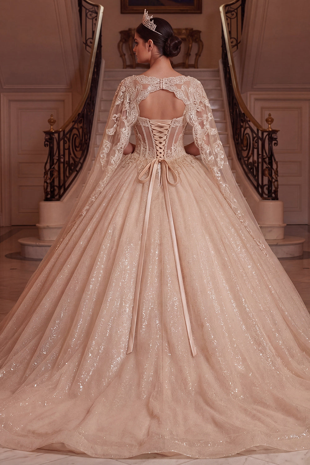 Champagne V-Neck Corset Ball Gown Quinceanera Dress with Cape Sleeves