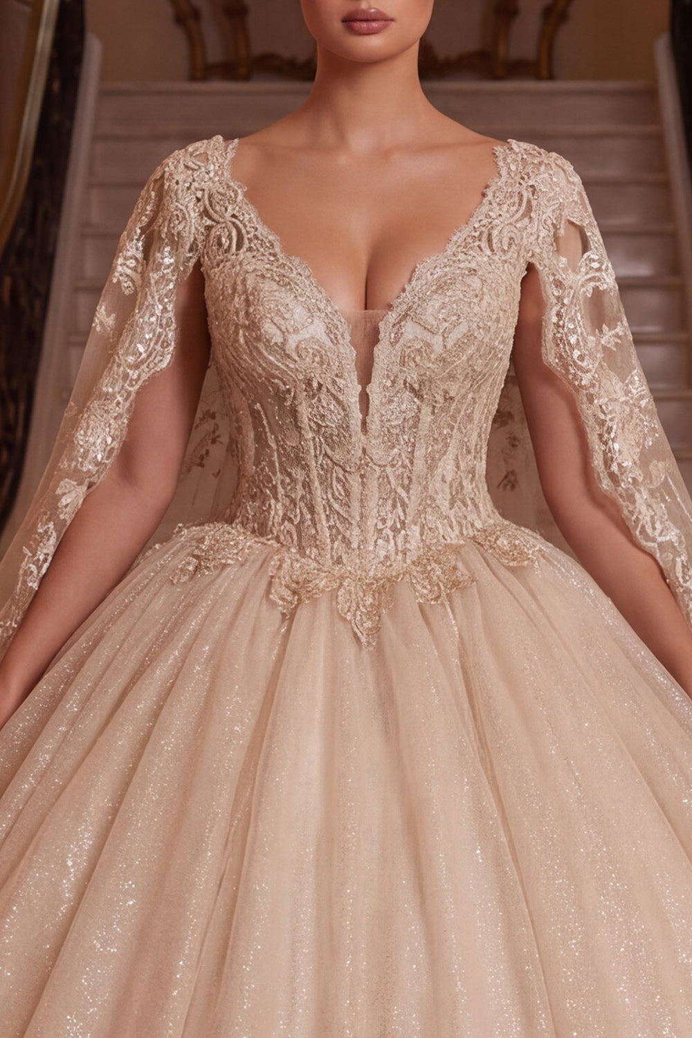 Champagne V-Neck Corset Ball Gown Quinceanera Dress with Cape Sleeves