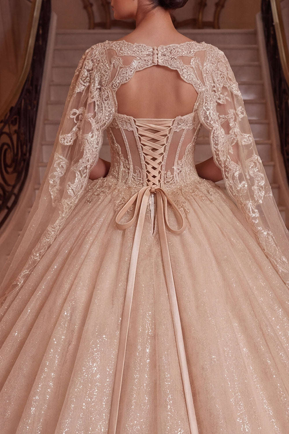 Champagne V-Neck Corset Ball Gown Quinceanera Dress with Cape Sleeves