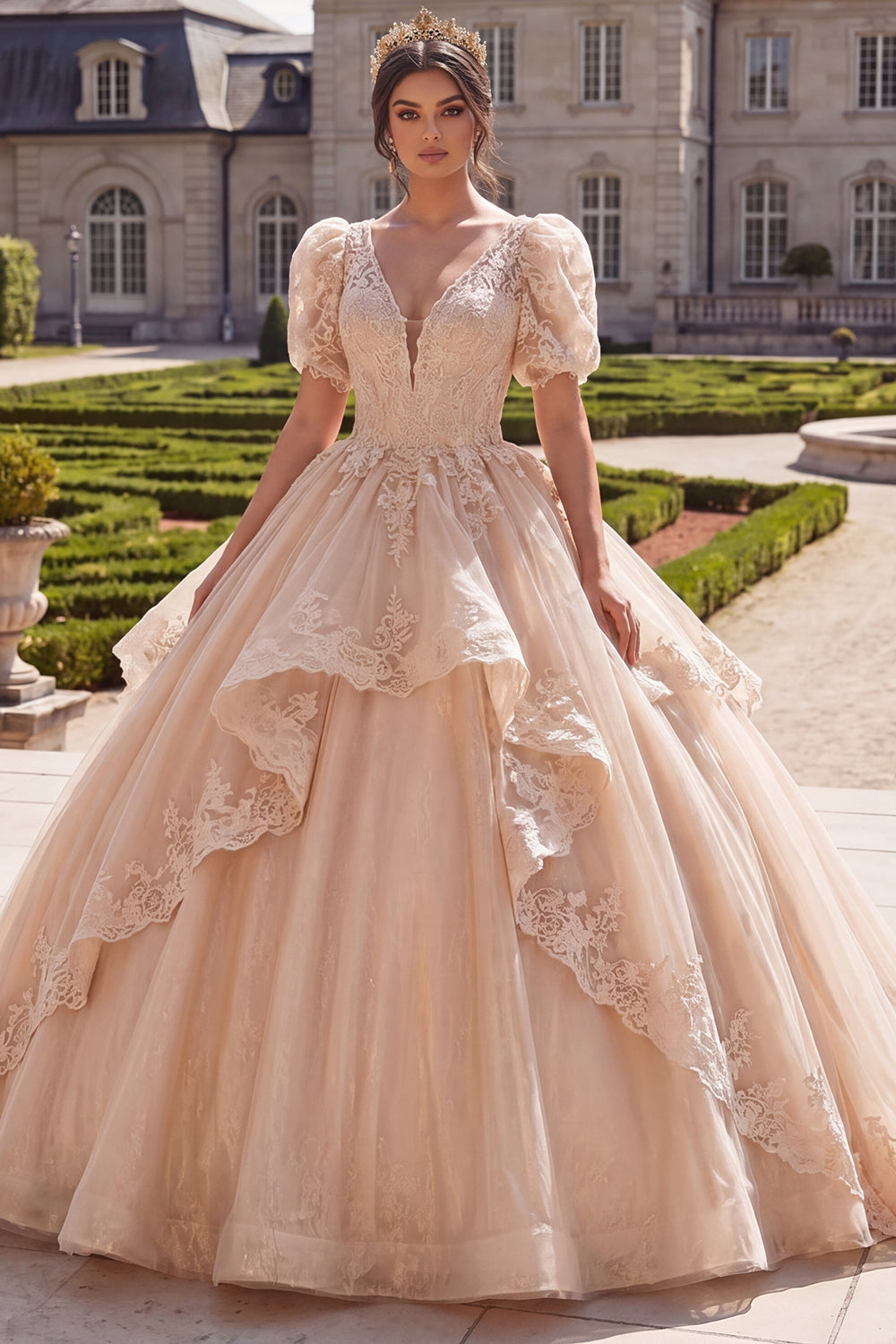 Robe de Quinceañera champagne en tulle, col en V, à appliques, manches courtes