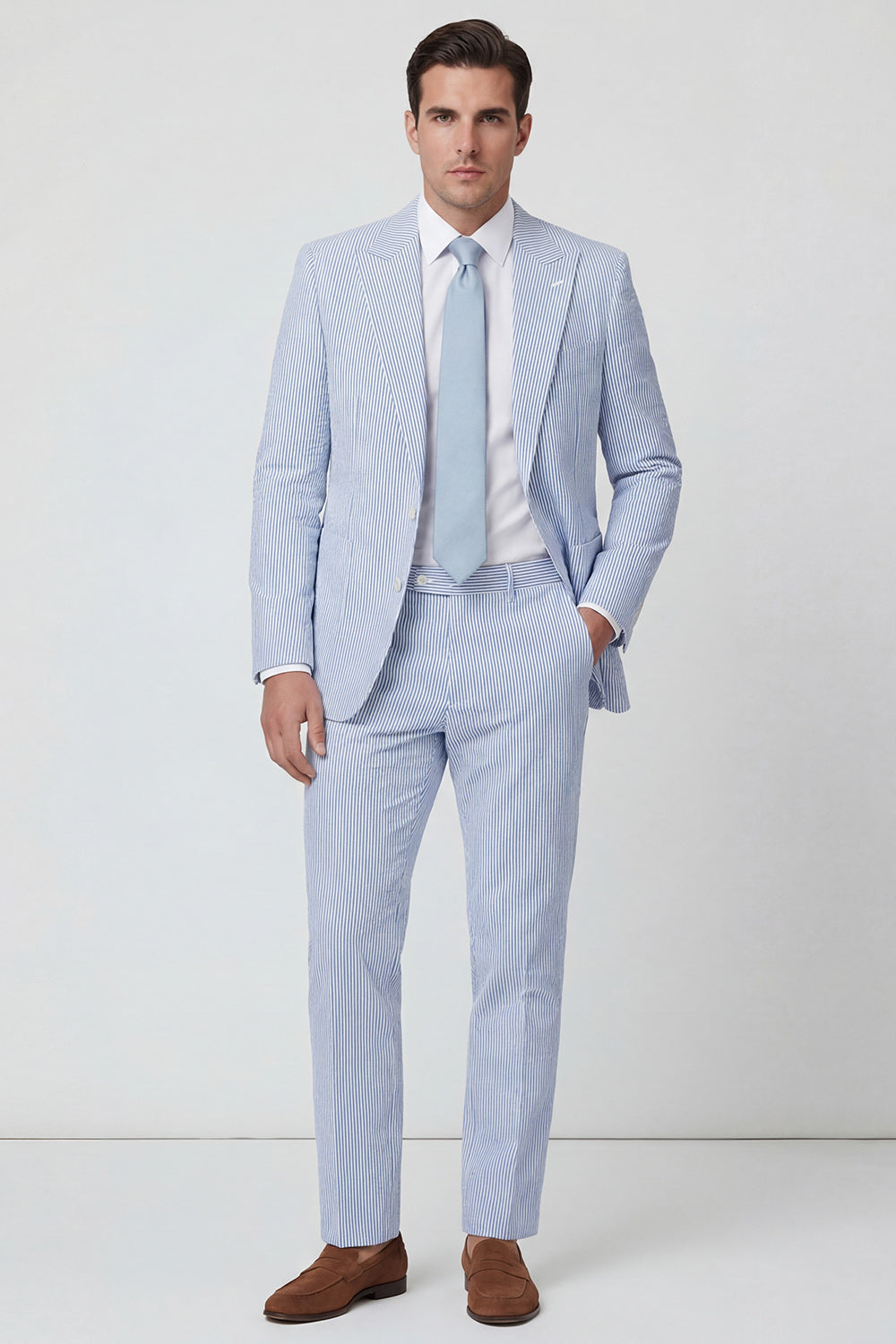 Costume de soirée 2 pièces bleu clair à revers pointus et simple boutonnage pour hommes