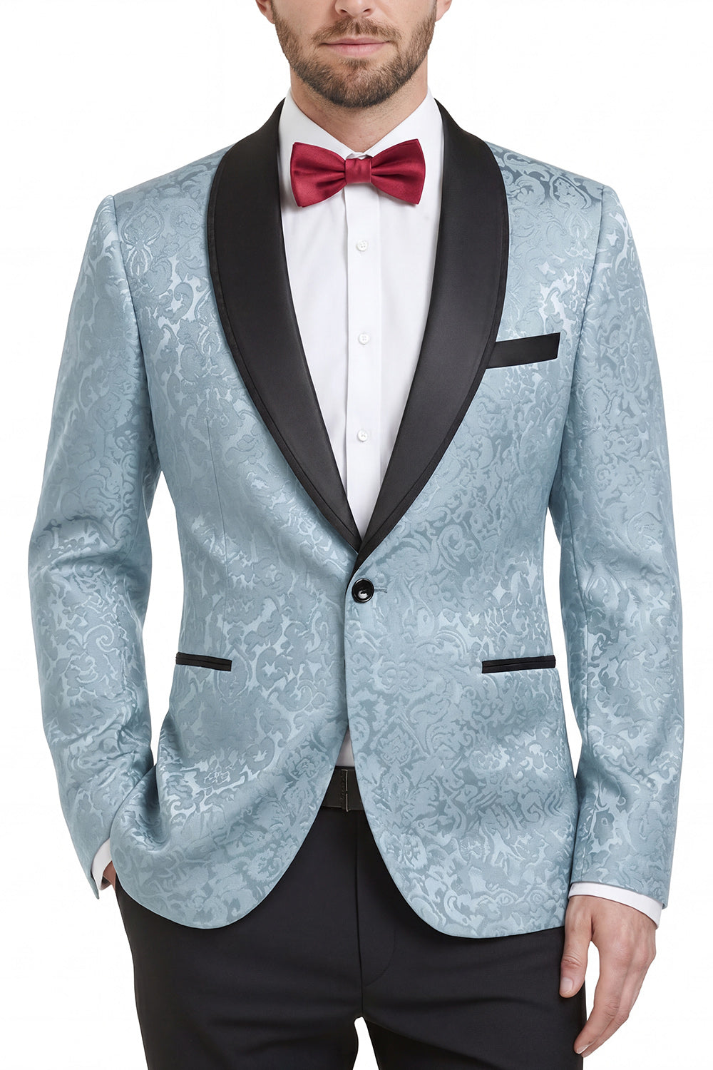 Costume de bal imprimé 2 pièces pour homme avec revers châle bleu roi et un bouton