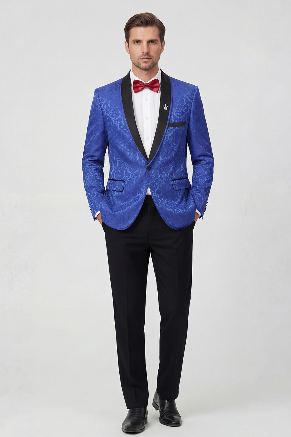 Costume de bal imprimé 2 pièces pour homme avec revers châle bleu roi et un bouton