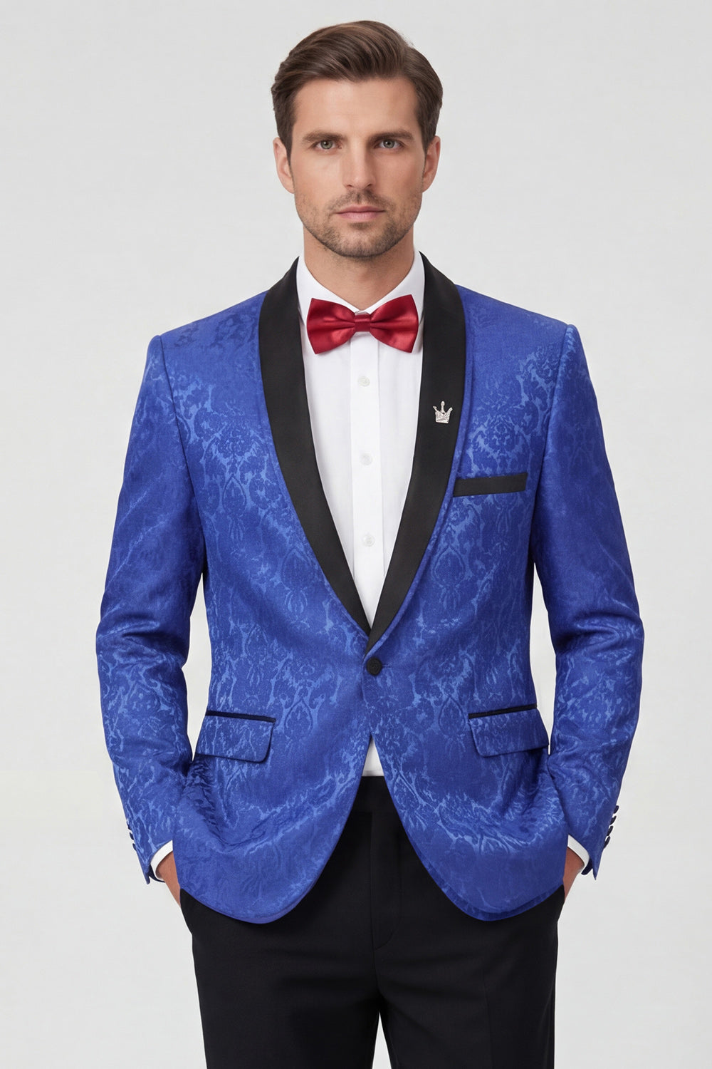 Costume de bal imprimé 2 pièces pour homme avec revers châle bleu roi et un bouton