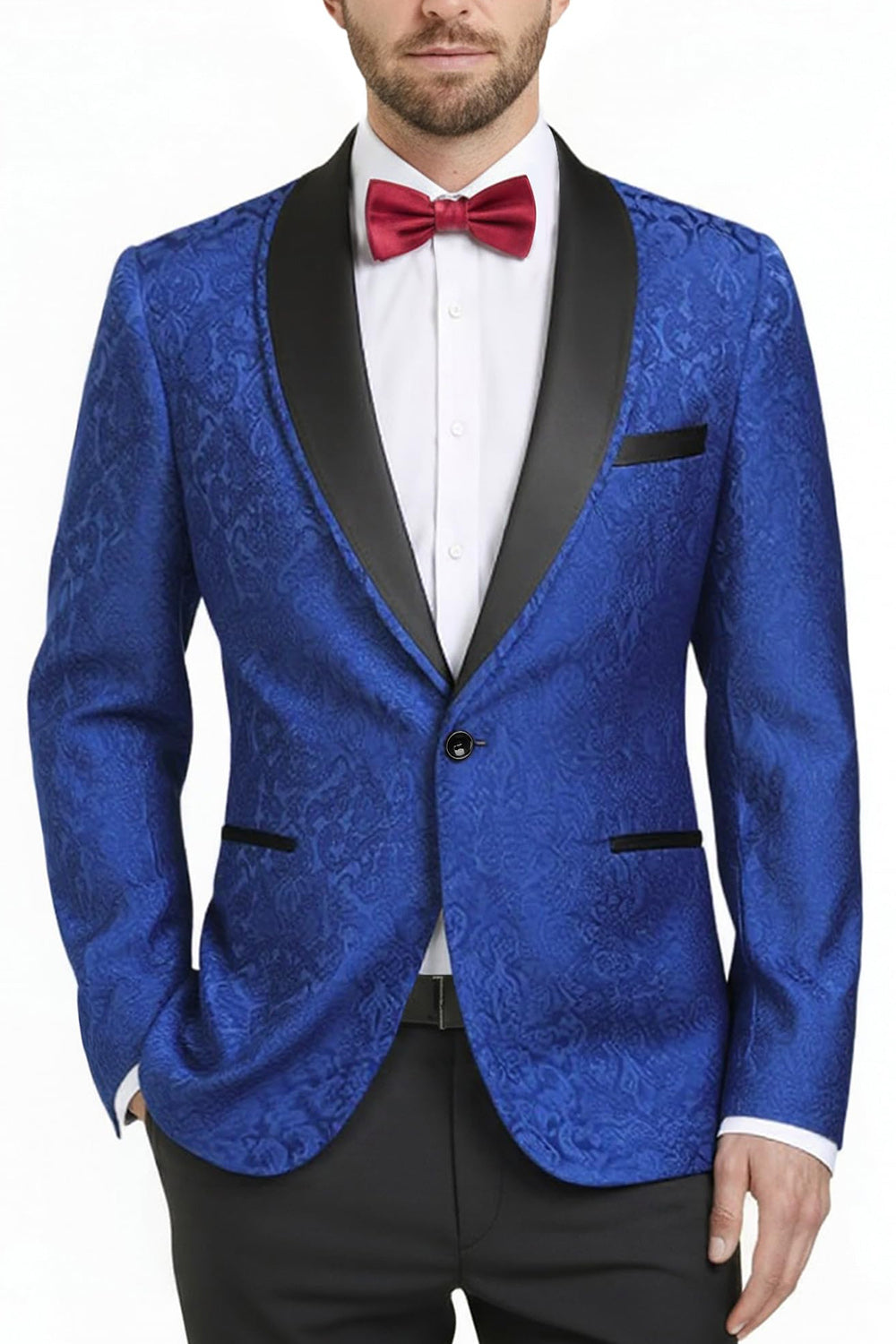 Costume de bal imprimé 2 pièces pour homme avec revers châle bleu roi et un bouton