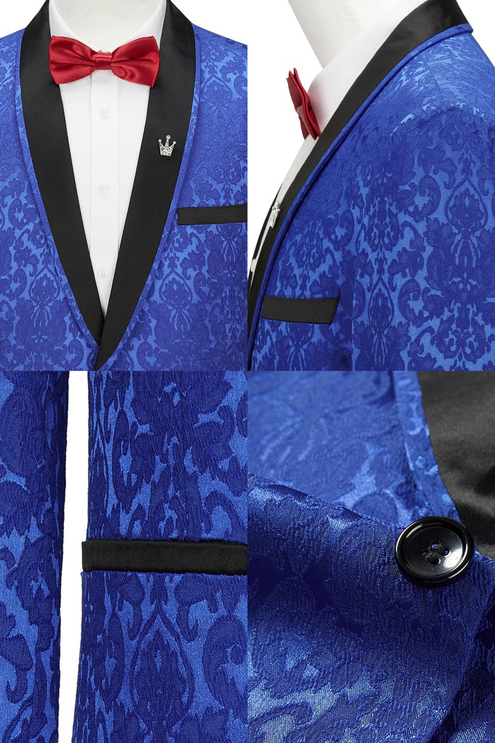 Costume de bal imprimé 2 pièces pour homme avec revers châle bleu roi et un bouton