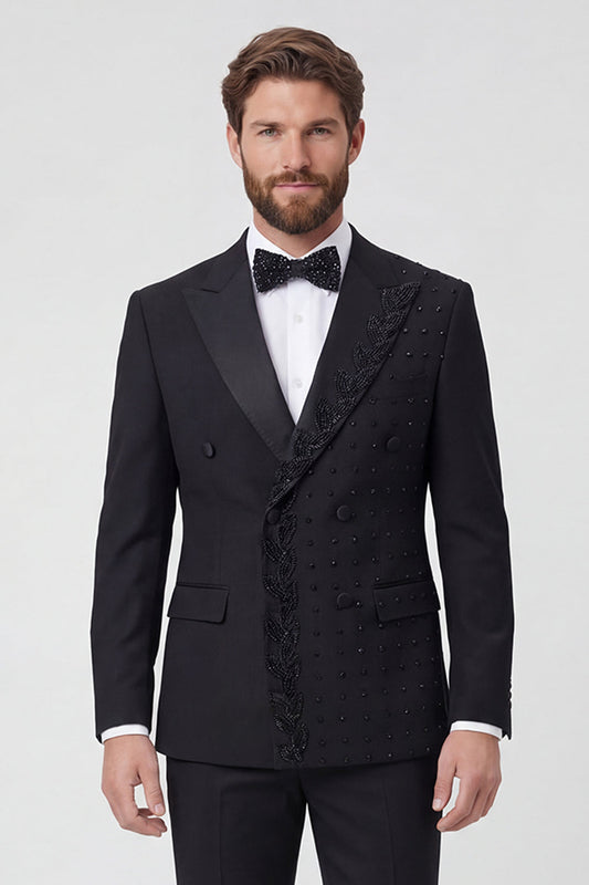 2 Piece Black Peak Lapel Double Breasted Men's Prom Suits with Beading