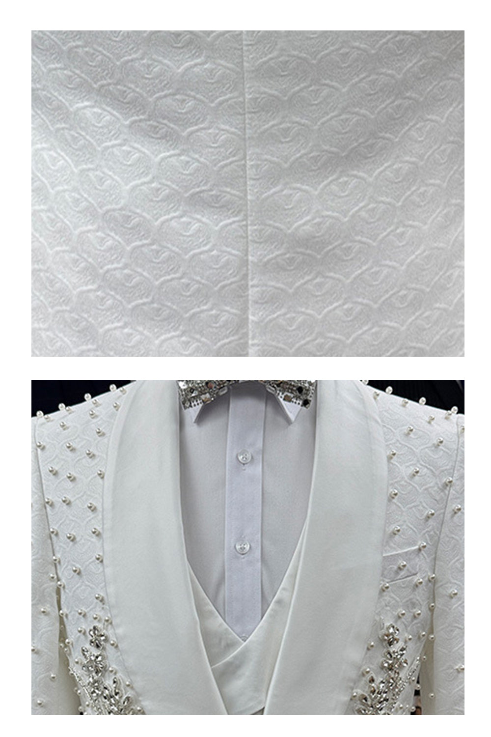 Costume de Mariage Homme Blanc 3 Pièces à Revers Châle et Un Bouton, avec Perles