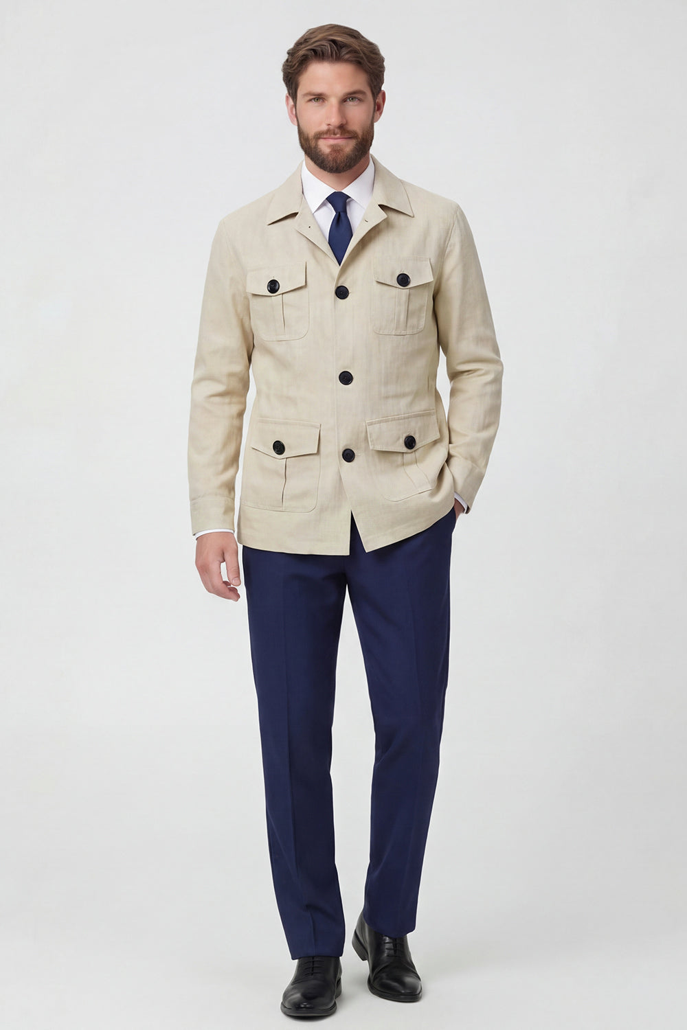 Beige Notch Lapel Single Breasted Men's Jacket