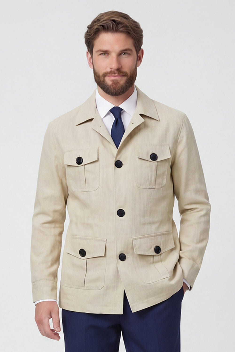 Beige Notch Lapel Single Breasted Men's Jacket