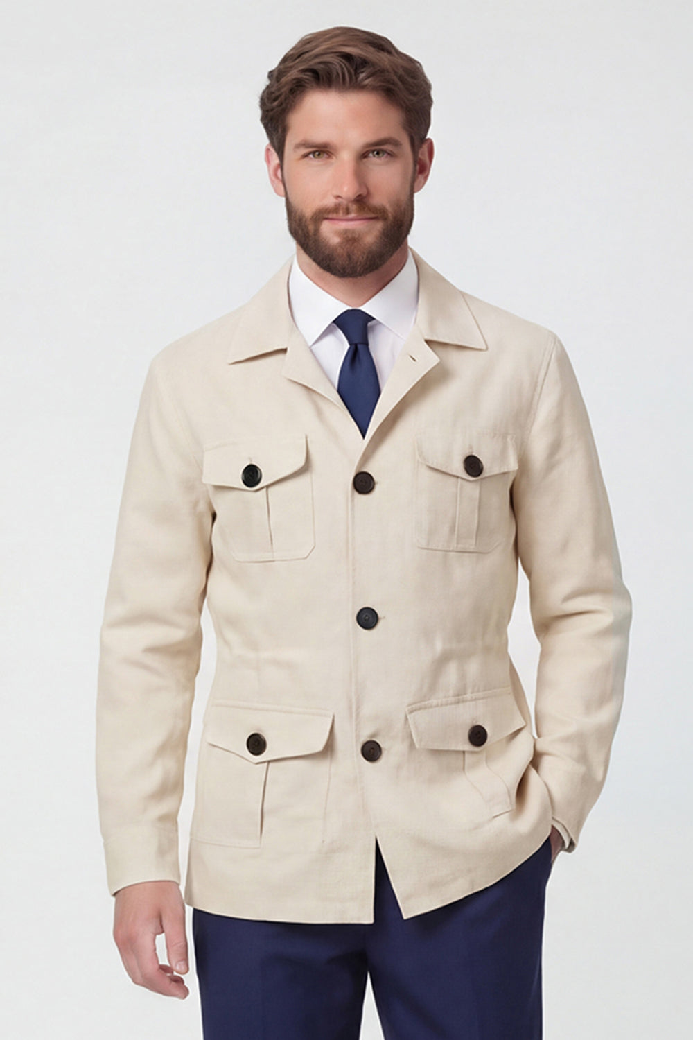 Beige Notch Lapel Single Breasted Men's Jacket