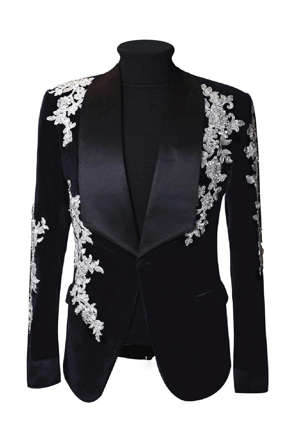 Shawl Lapel Black One Button Men's Wedding Blazer with Appliques