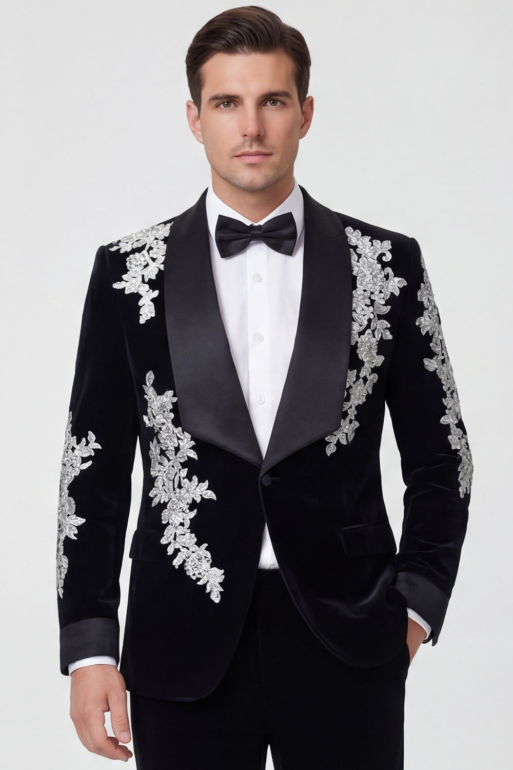 Shawl Lapel Black One Button Men's Wedding Blazer with Appliques