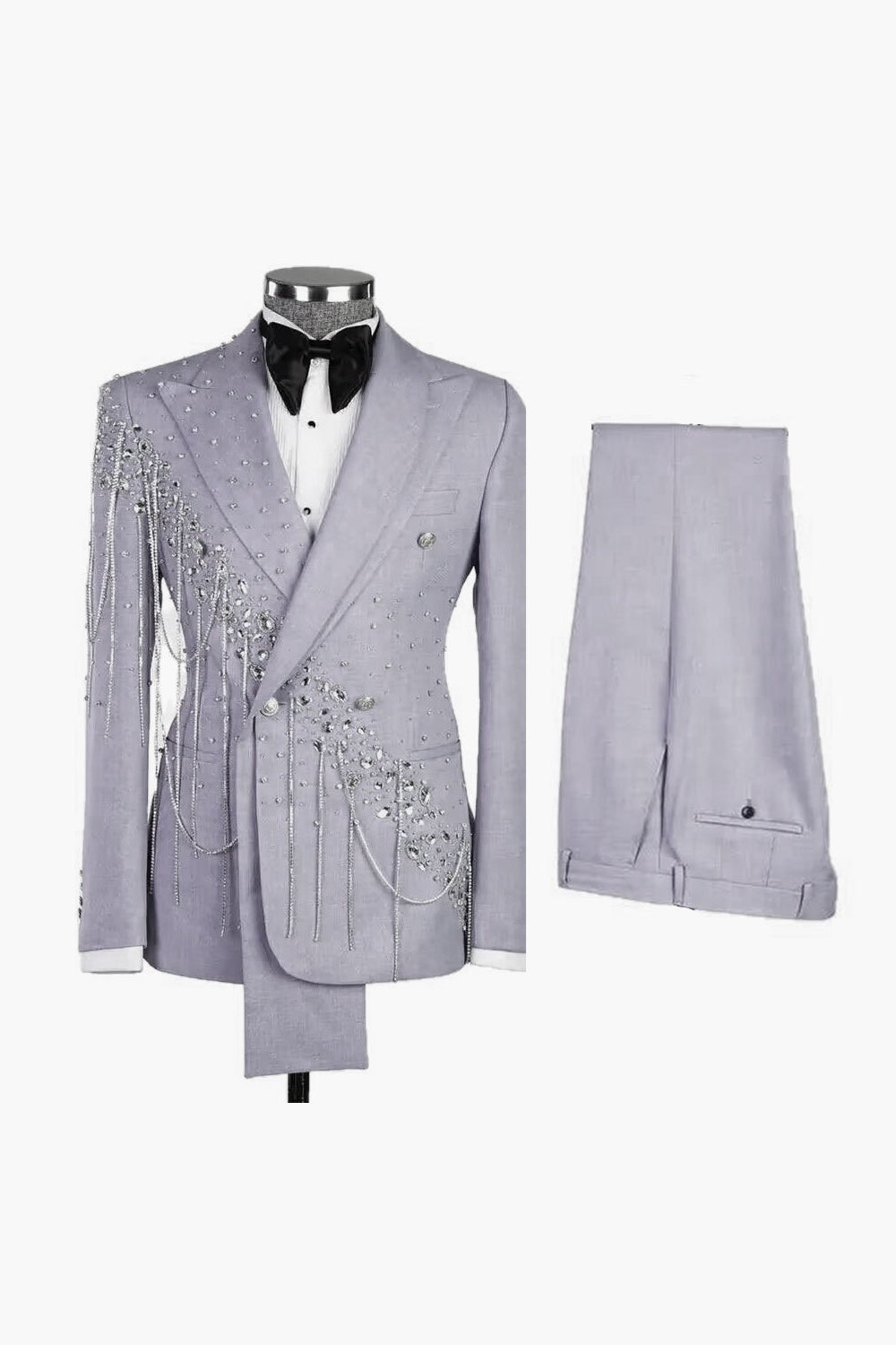 Shawl Lapel 2 Piece Light Blue Double Breasted Men's Prom Suits with Beading
