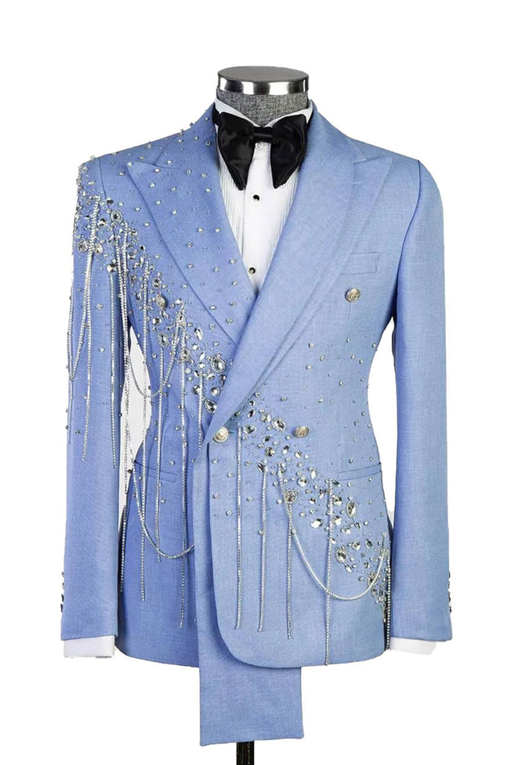 Shawl Lapel 2 Piece Light Blue Double Breasted Men's Prom Suits with Beading