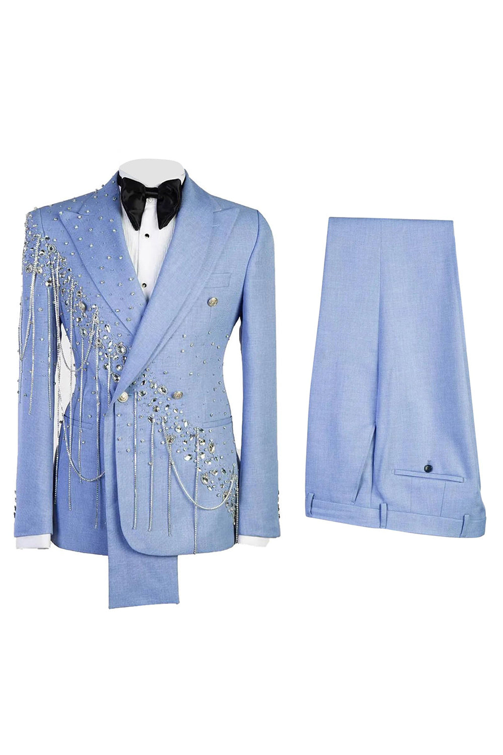 Shawl Lapel 2 Piece Light Blue Double Breasted Men's Prom Suits with Beading