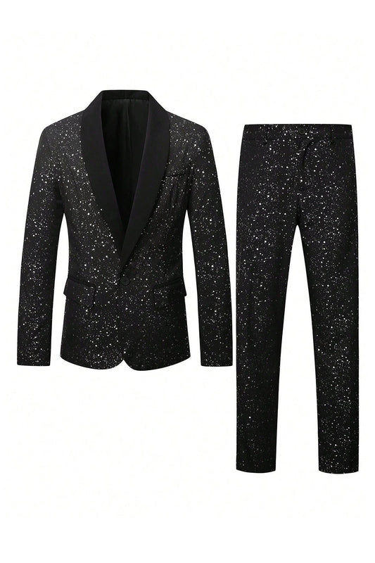 2 Piece Black One Button Shawl Lapel Glitter Men's Suits