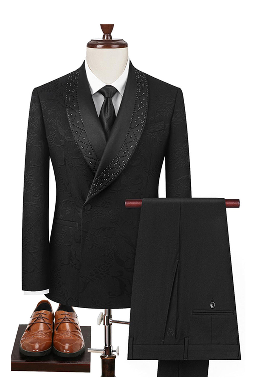 Black 2 Piece Shawl Lapel One Button Jacquard Men's Prom Suits with Beading