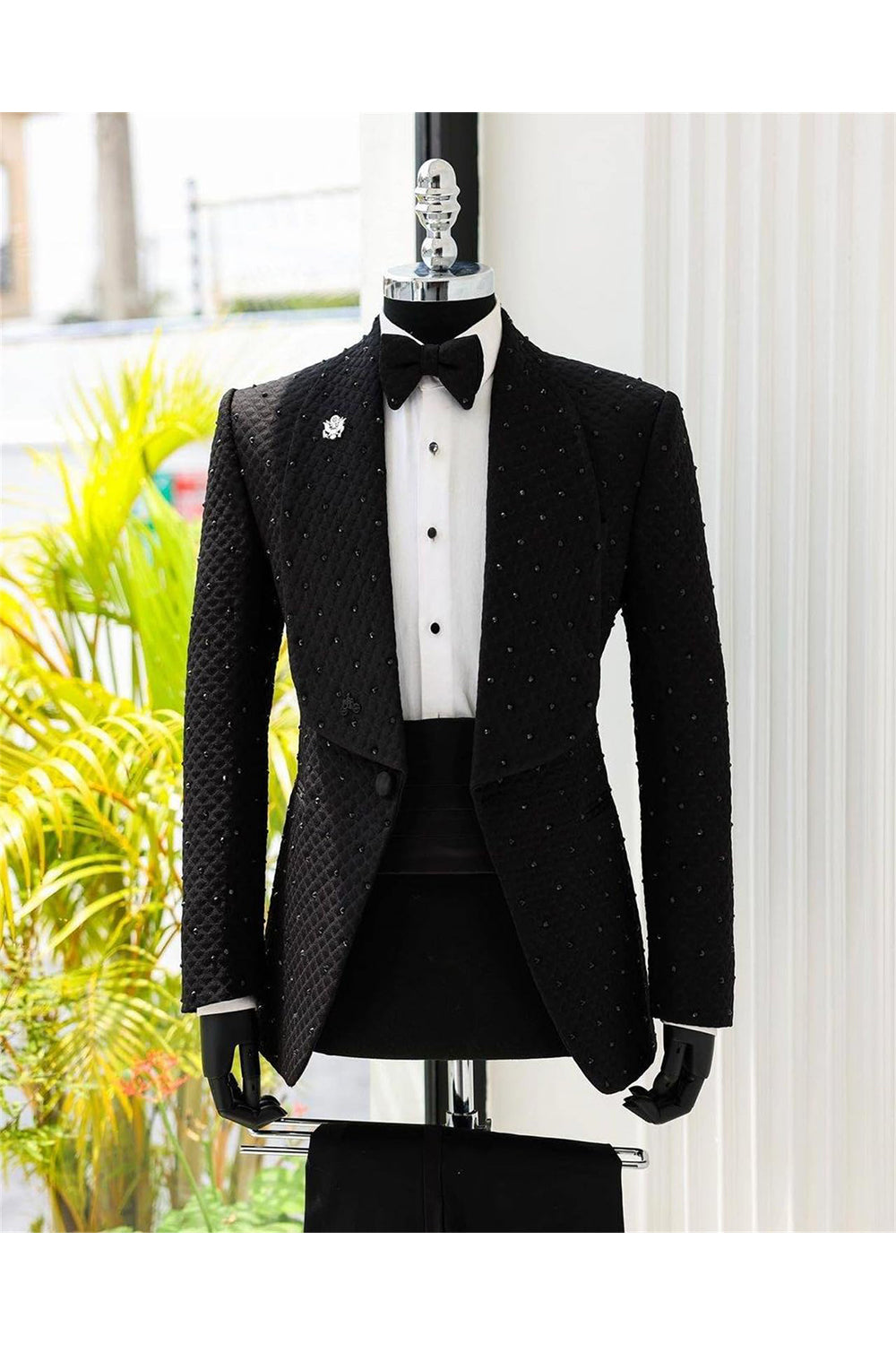 2-Piece Shawl Lapel Blue One-Button Men's Prom Suit with Beading