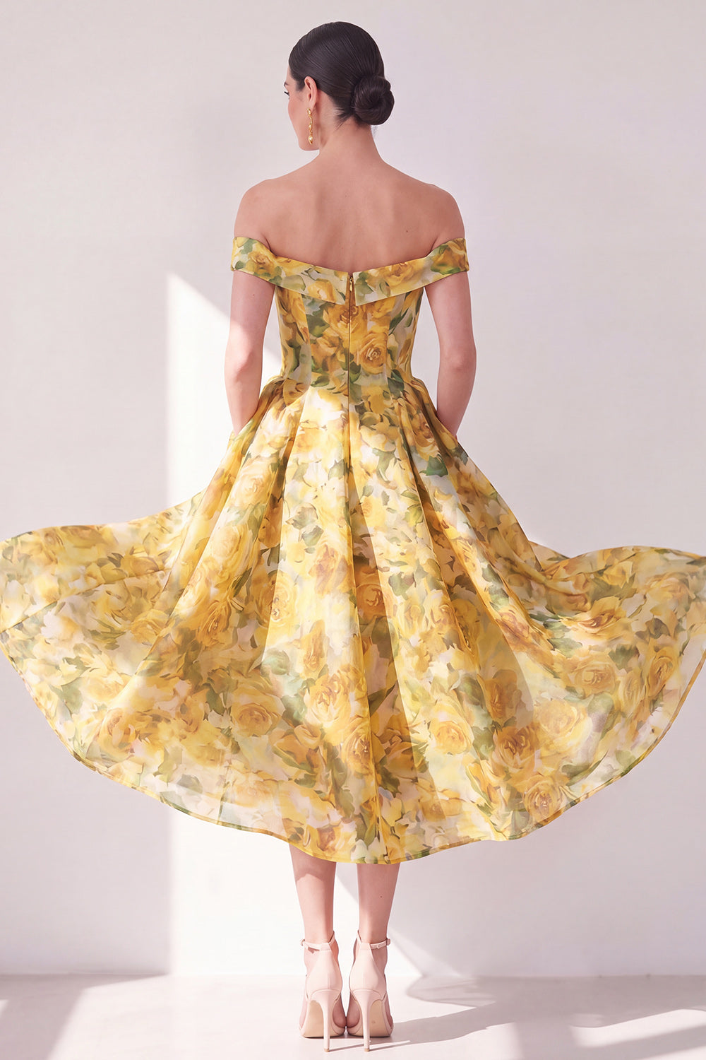 Off the Shoulder A-Line Yellow Chiffon Printed Floral Midi Dress with Pockets