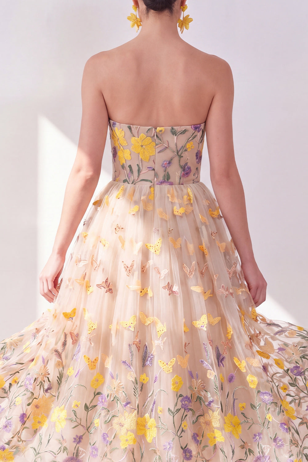 Apricot Strapless A-Line Tulle Embroidered Floral Midi Dress