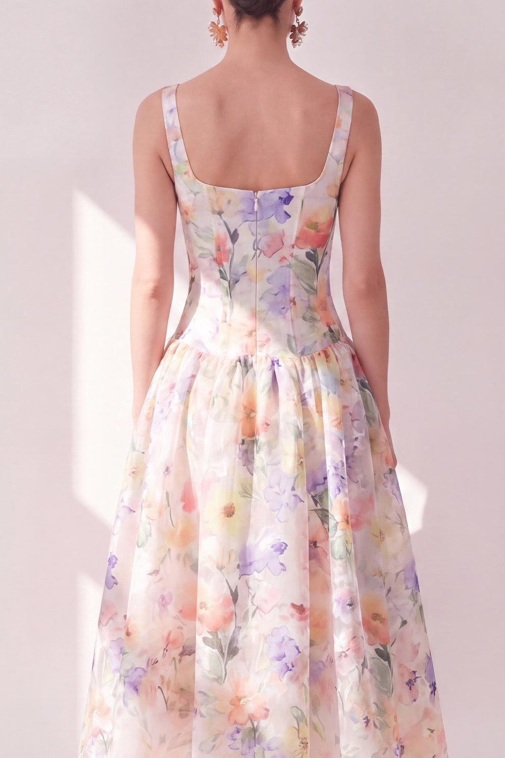 White Purple Flower A-Line Square Neck Chiffon Corset Midi Dress