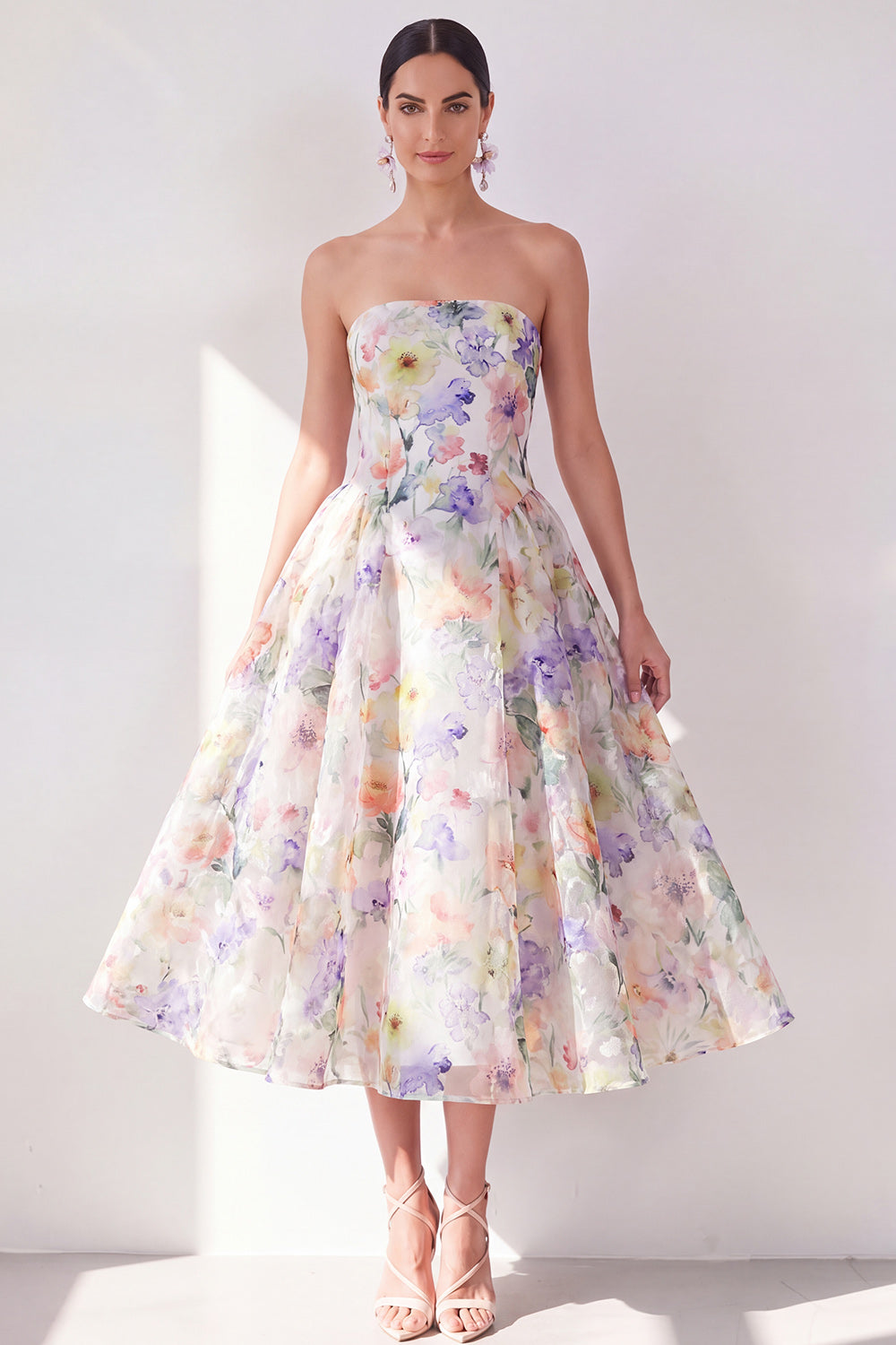 A-Line White Purple Floral Strapless Chiffon Midi Dress
