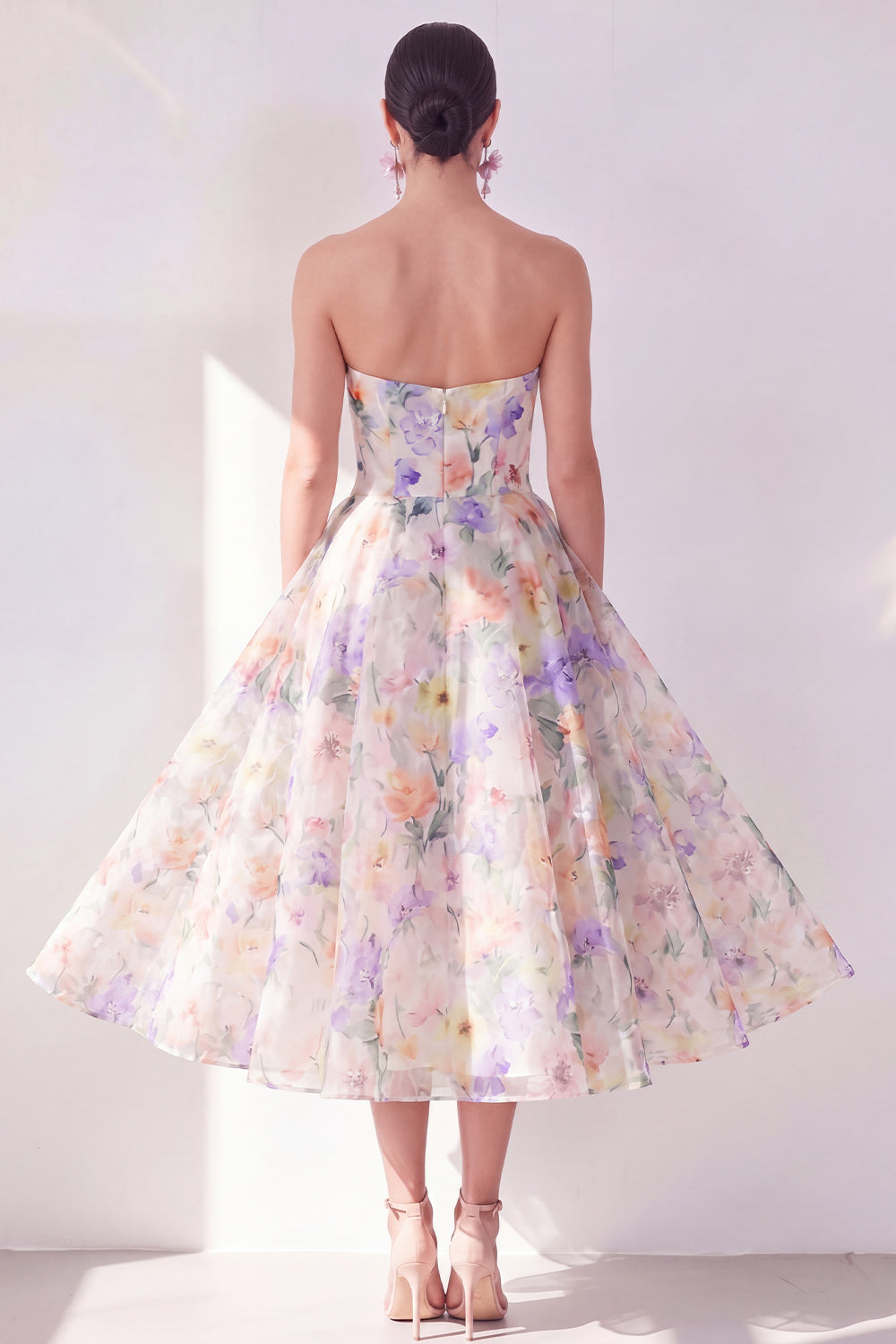 A-Line White Purple Floral Strapless Chiffon Midi Dress