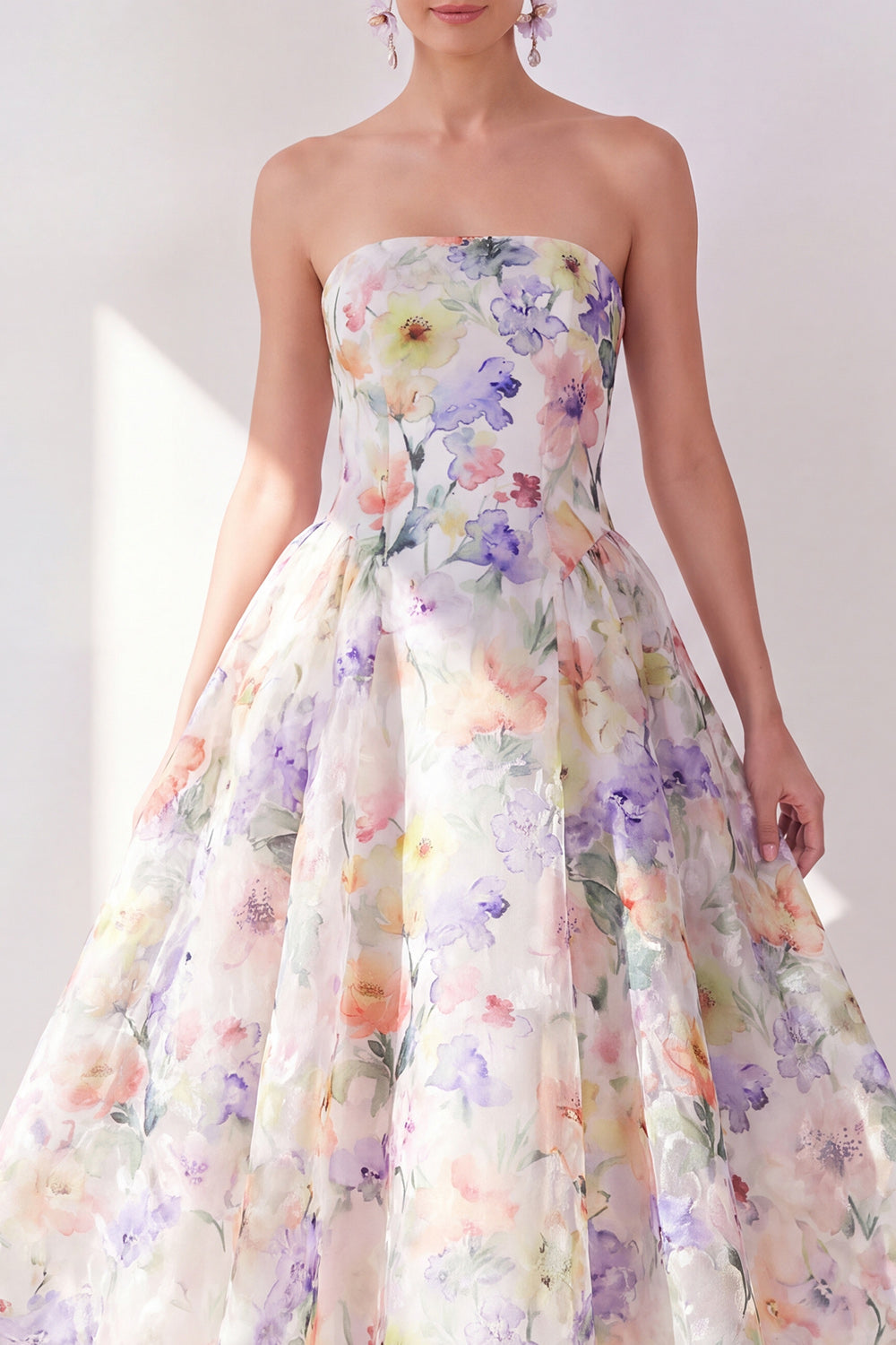 A-Line White Purple Floral Strapless Chiffon Midi Dress