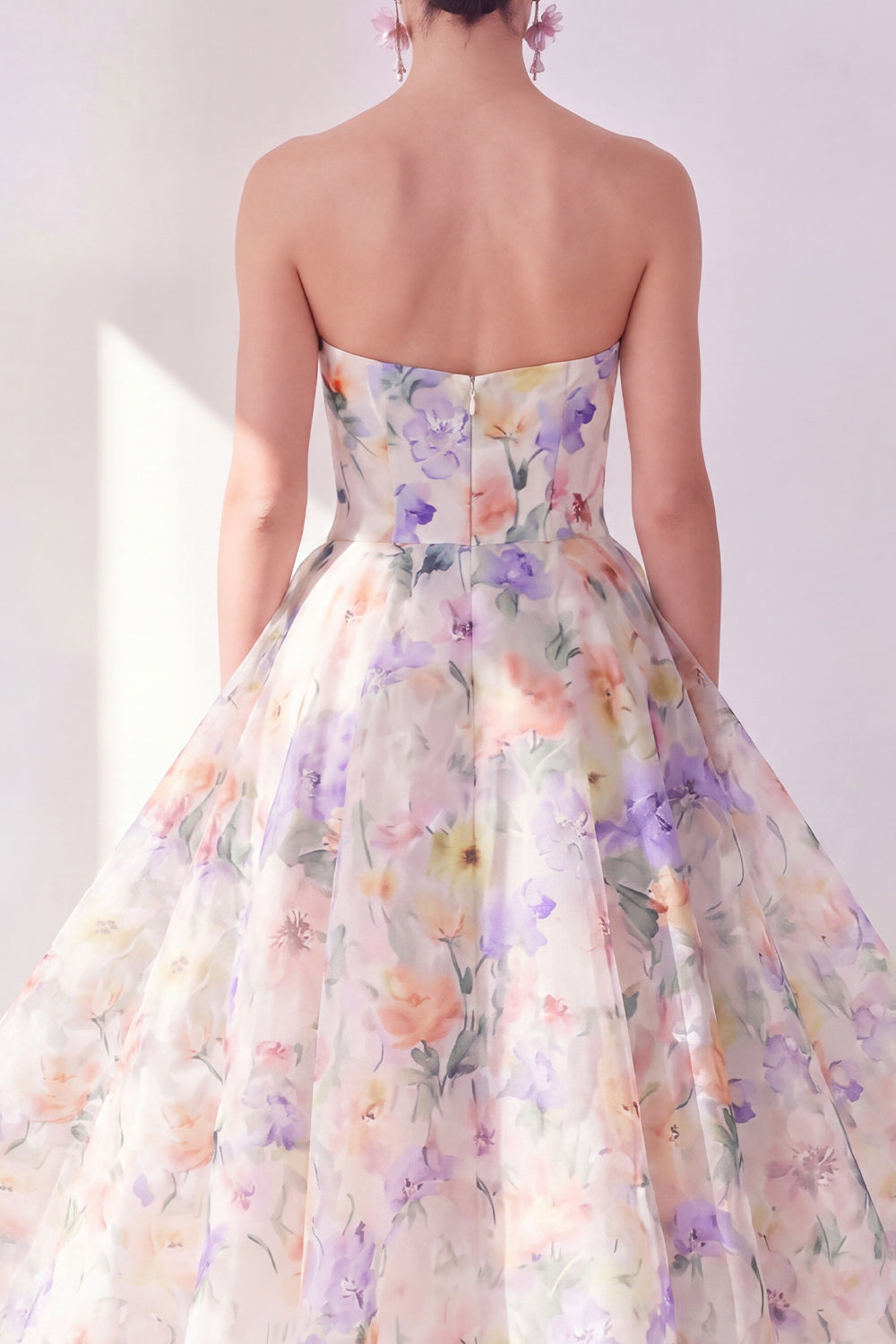 A-Line White Purple Floral Strapless Chiffon Midi Dress