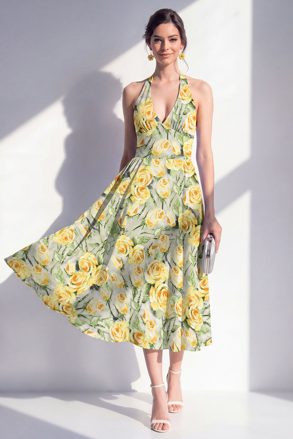 A-Line Pink Flower Halter Neck Midi Dress with Bow
