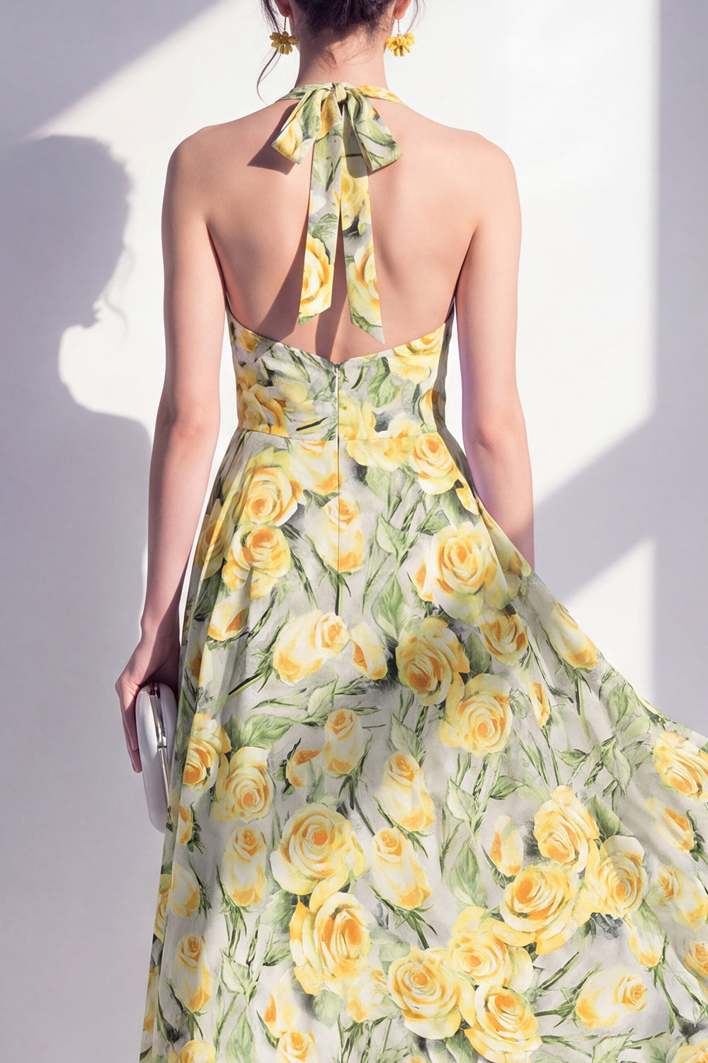 A-Line Pink Flower Halter Neck Midi Dress with Bow