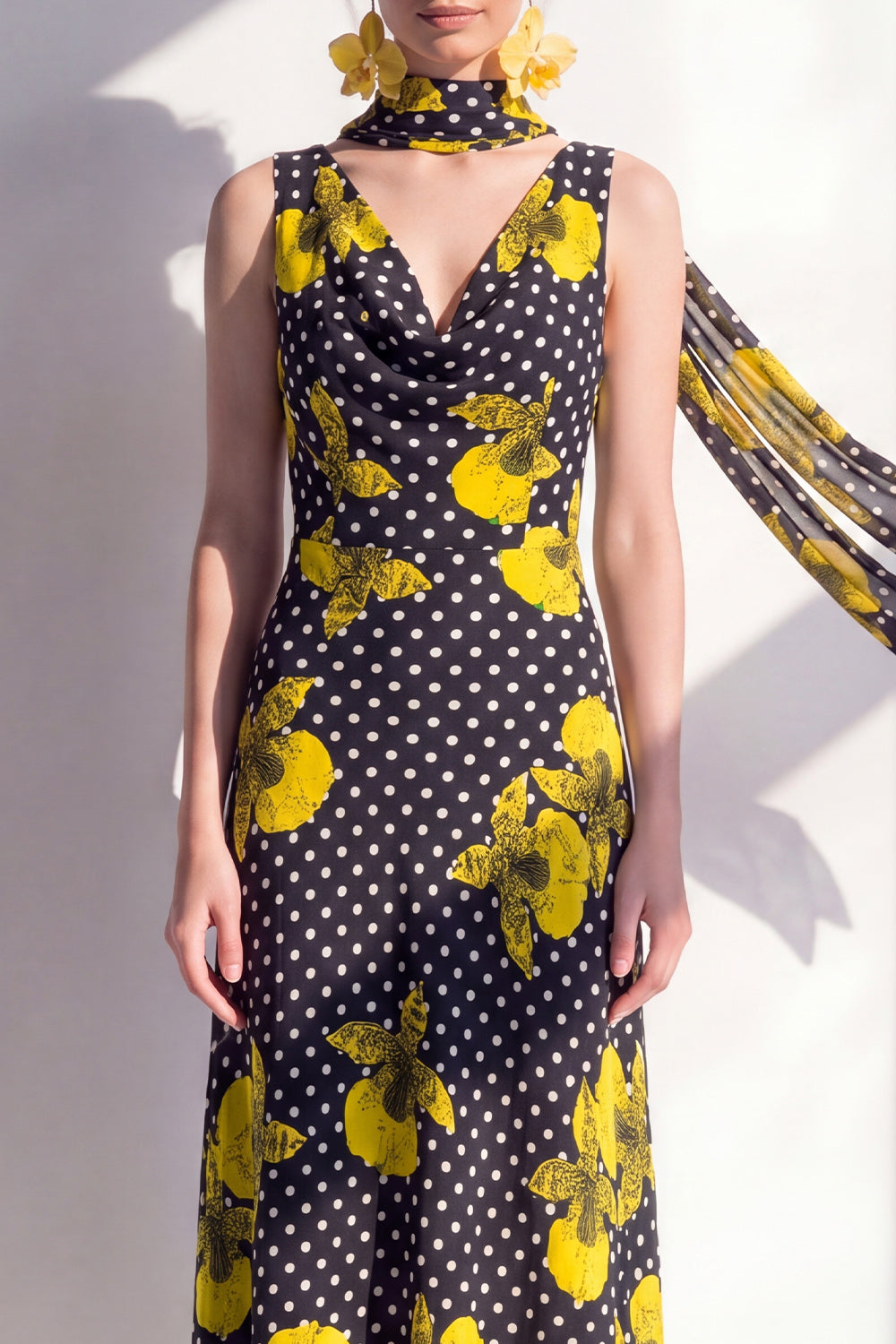 Black Yellow Flower A-Line V-Neck Chiffon Midi Dress with Neck Scarf