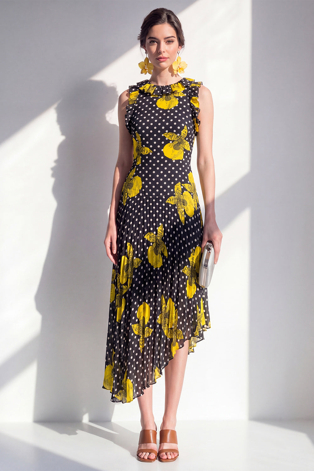 Black Yellow Flower A-Line Round Neck Asymmetrical Chiffon Midi Dress