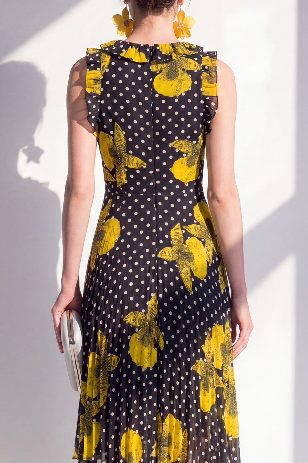 Black Yellow Flower A-Line Round Neck Asymmetrical Chiffon Midi Dress