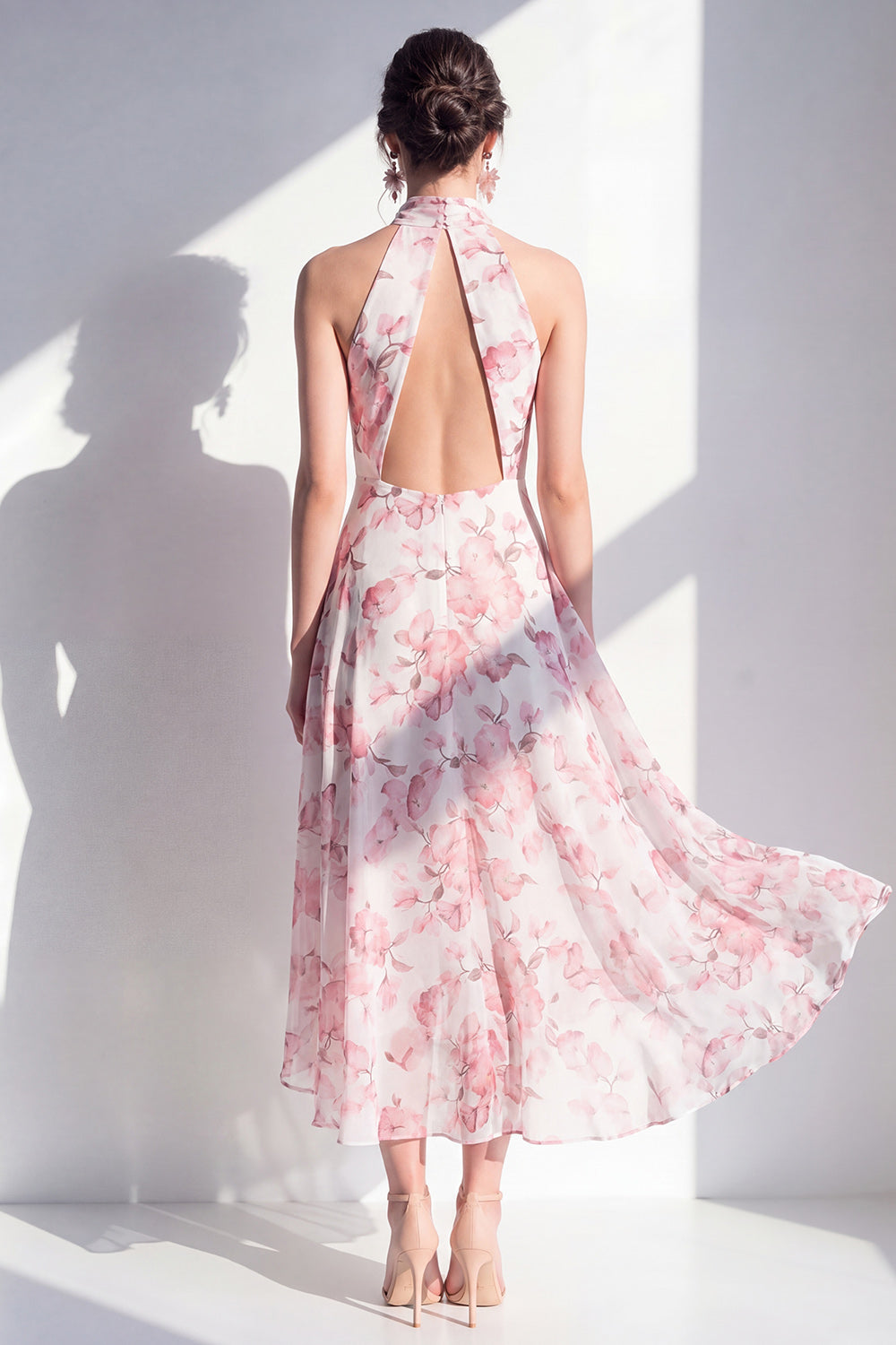 Pink Flower A-Line Chiffon Halter Neck Midi Dress