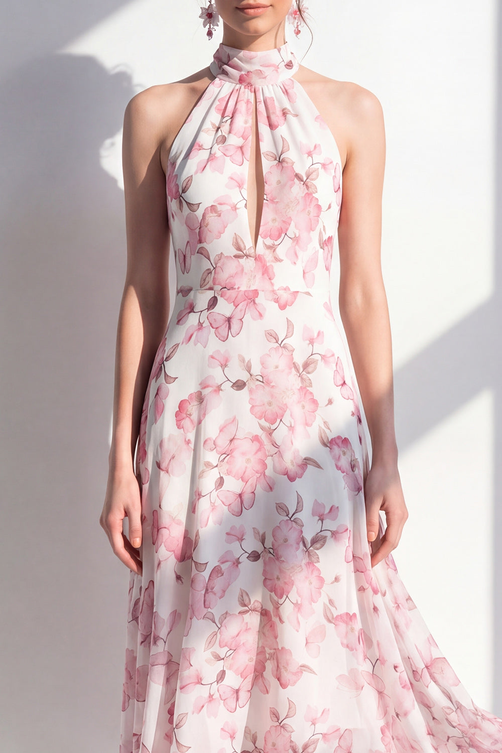 Pink Flower A-Line Chiffon Halter Neck Midi Dress