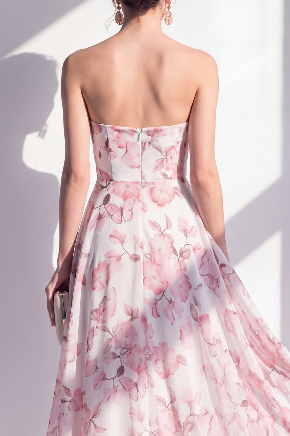 Robe midi bustier évasée en mousseline de soie rose à fleurs