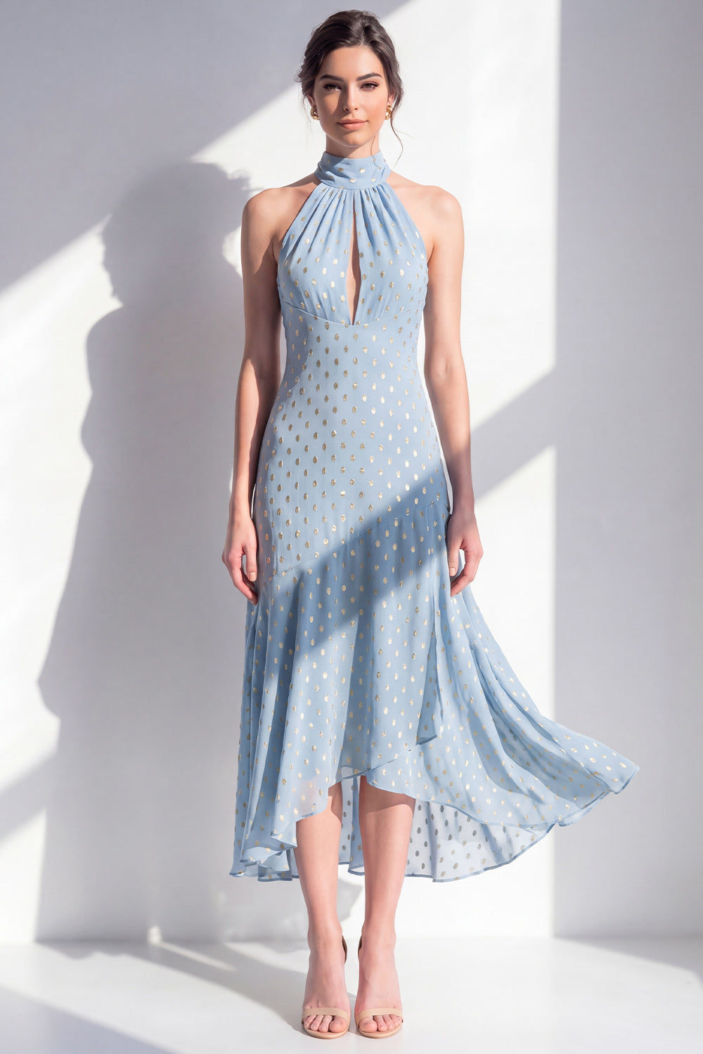 Olive A-Line Halter Neck Chiffon Midi Dress