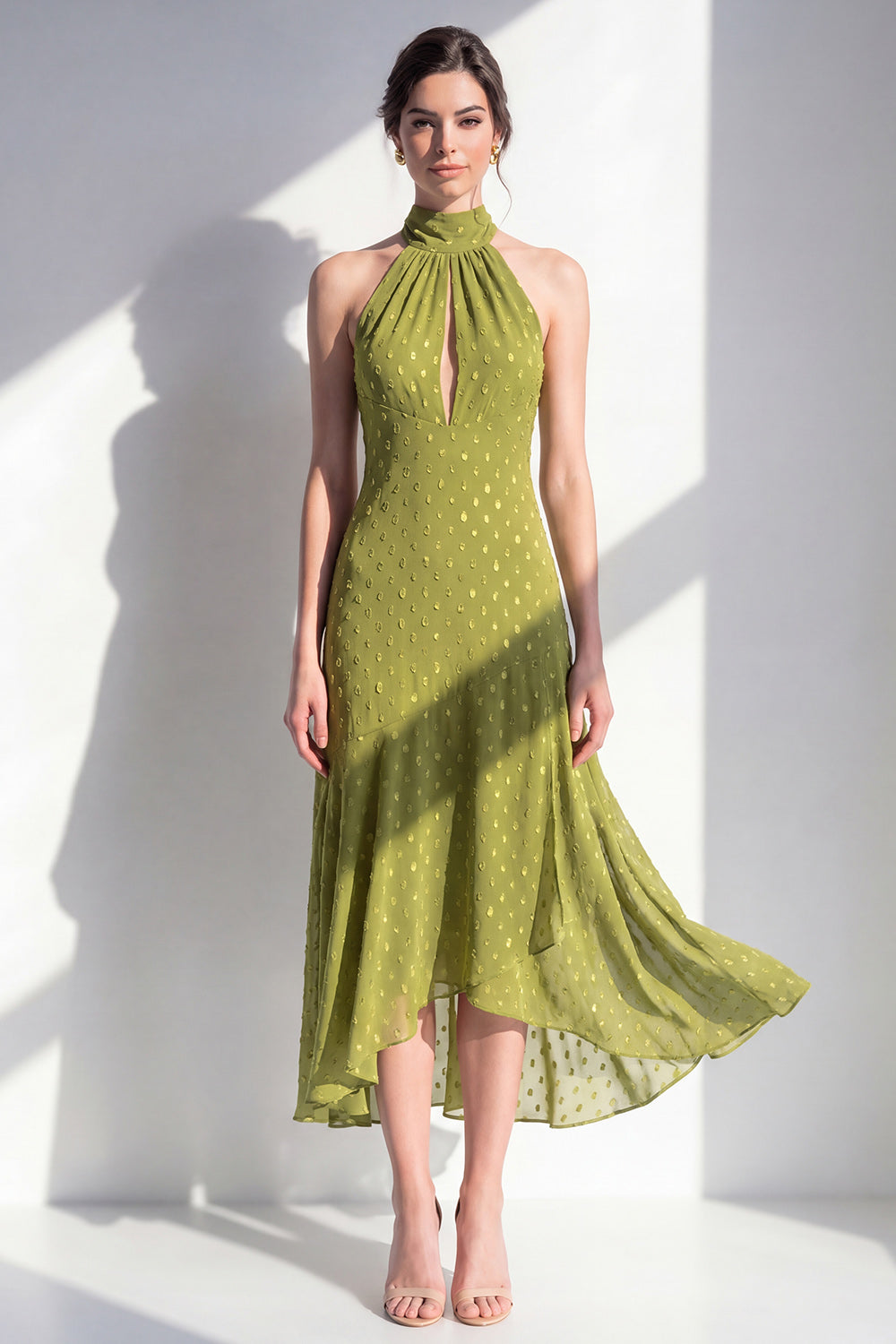 Olive A-Line Halter Neck Chiffon Midi Dress