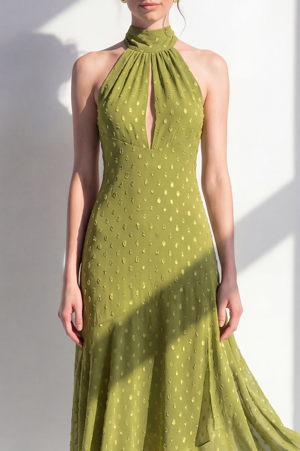 Olive A-Line Halter Neck Chiffon Midi Dress