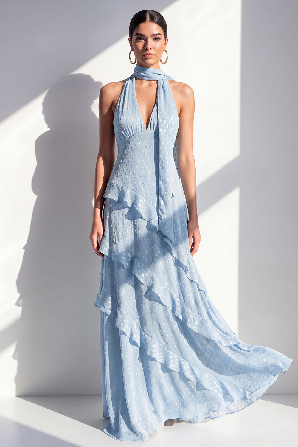 A-Line Yellow Halter Ruffled Chiffon Long Wedding Guest Dress with Neck Scarf