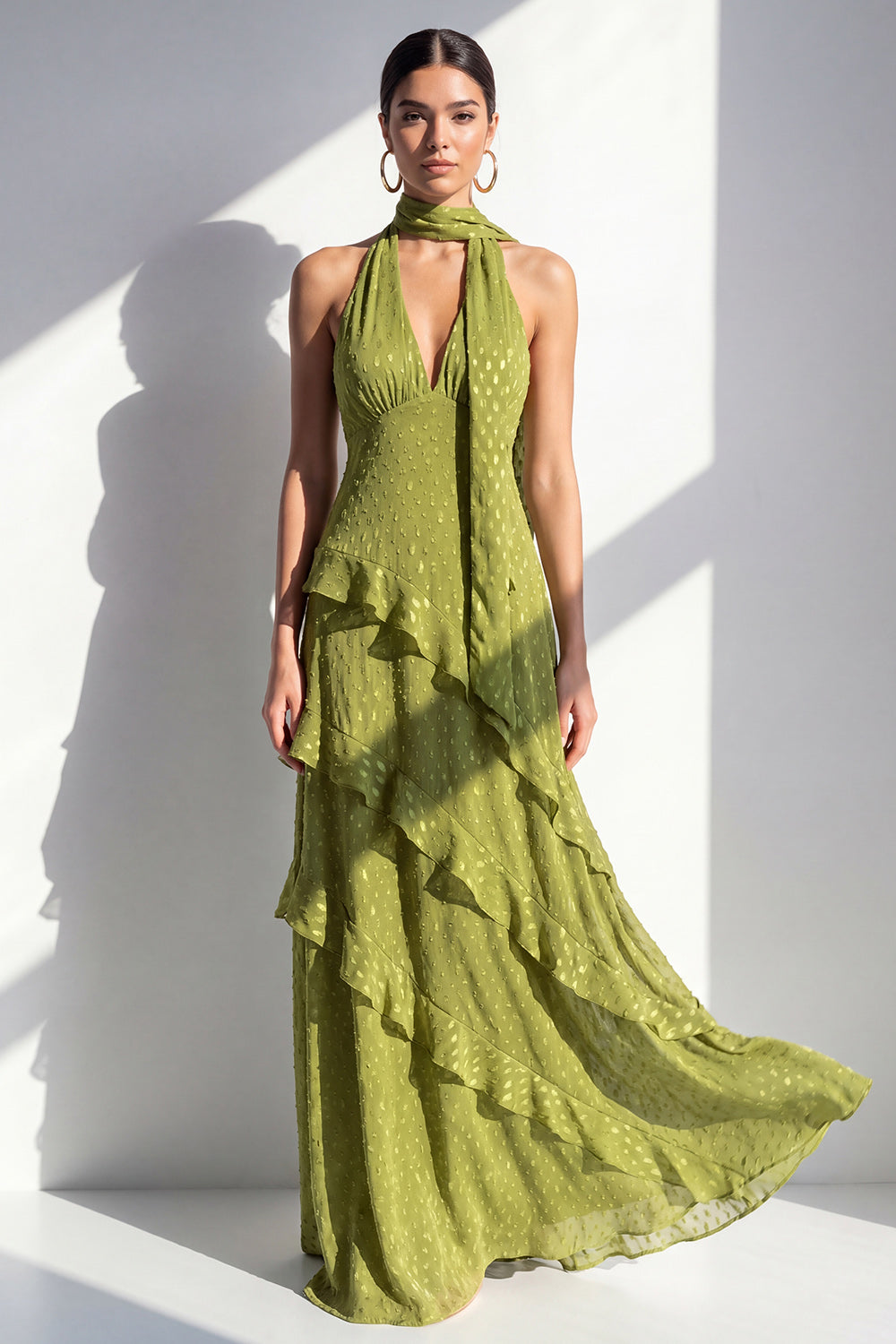 A-Line Yellow Halter Ruffled Chiffon Long Wedding Guest Dress with Neck Scarf