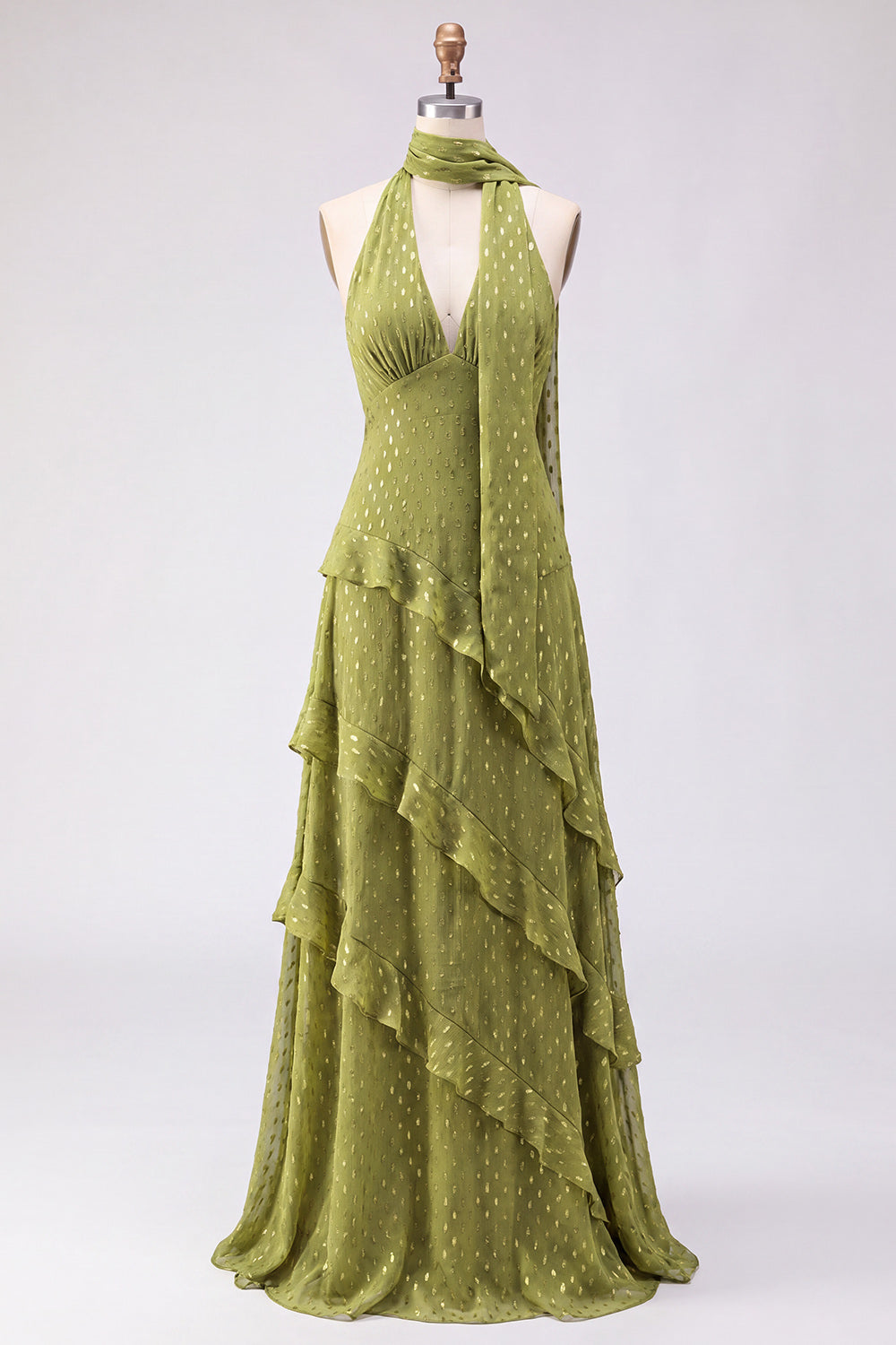 A-Line Yellow Halter Ruffled Chiffon Long Wedding Guest Dress with Neck Scarf