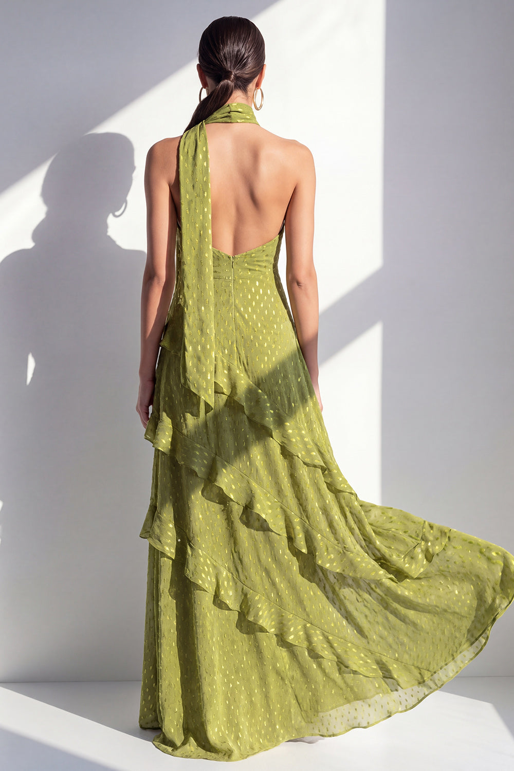 A-Line Yellow Halter Ruffled Chiffon Long Wedding Guest Dress with Neck Scarf