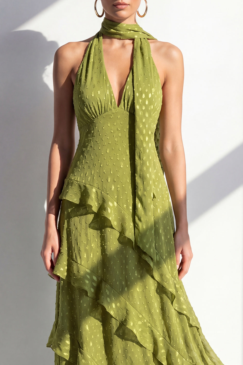 A-Line Yellow Halter Ruffled Chiffon Long Wedding Guest Dress with Neck Scarf