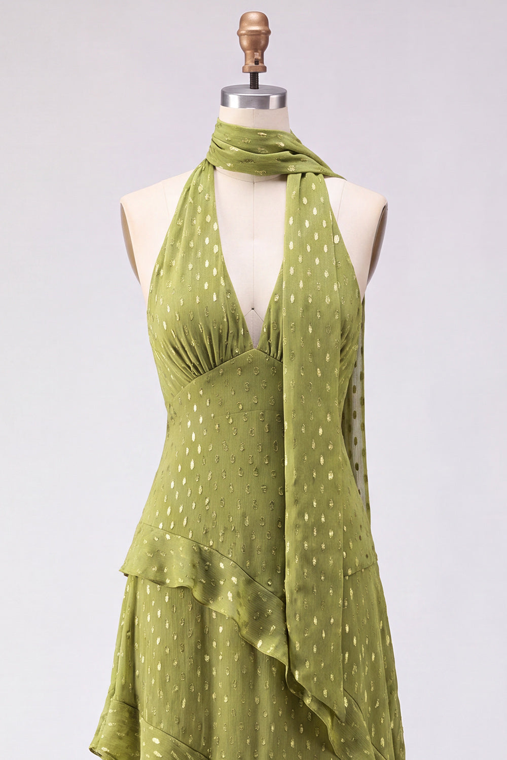 A-Line Yellow Halter Ruffled Chiffon Long Wedding Guest Dress with Neck Scarf