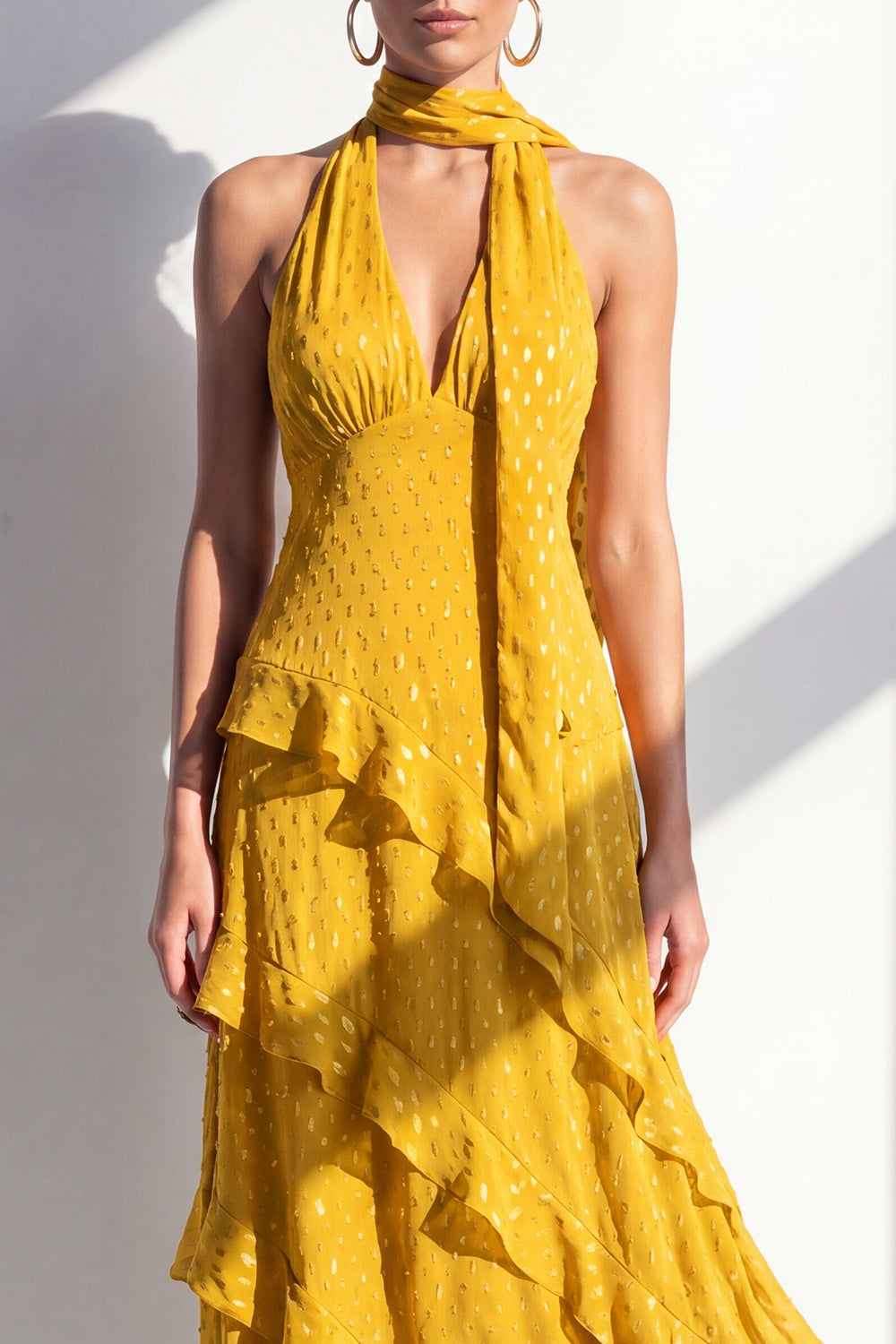A-Line Yellow Halter Ruffled Chiffon Long Wedding Guest Dress with Neck Scarf