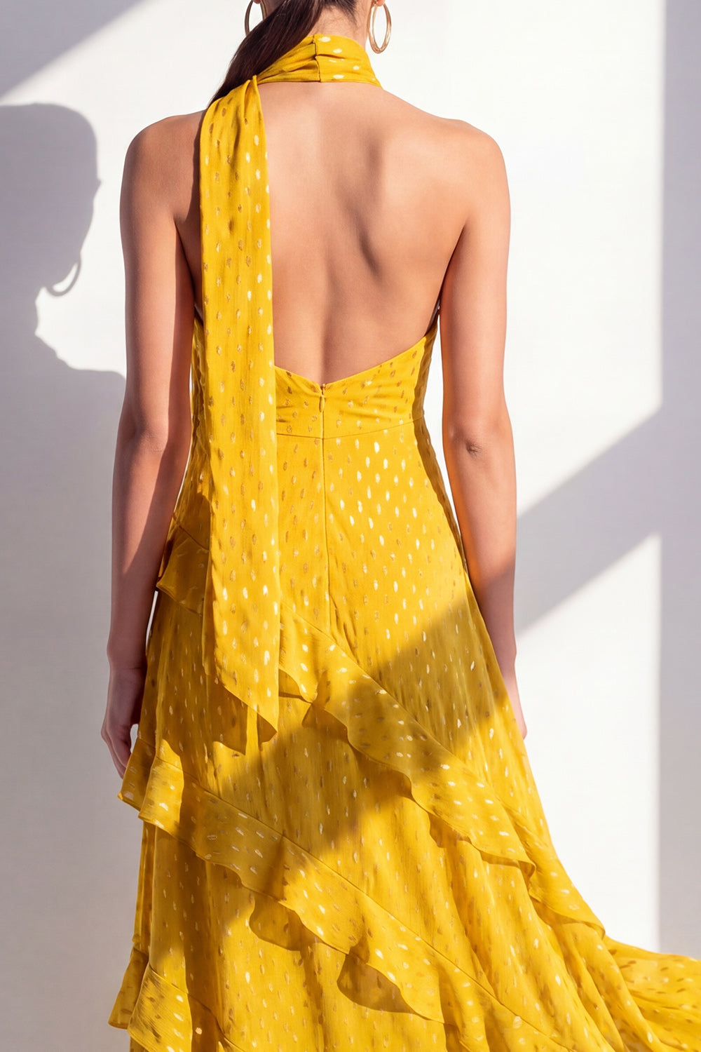 A-Line Yellow Halter Ruffled Chiffon Long Wedding Guest Dress with Neck Scarf
